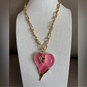 NWOT Alexis Bittar Gold Chain Necklace with Pink Heart Pendant